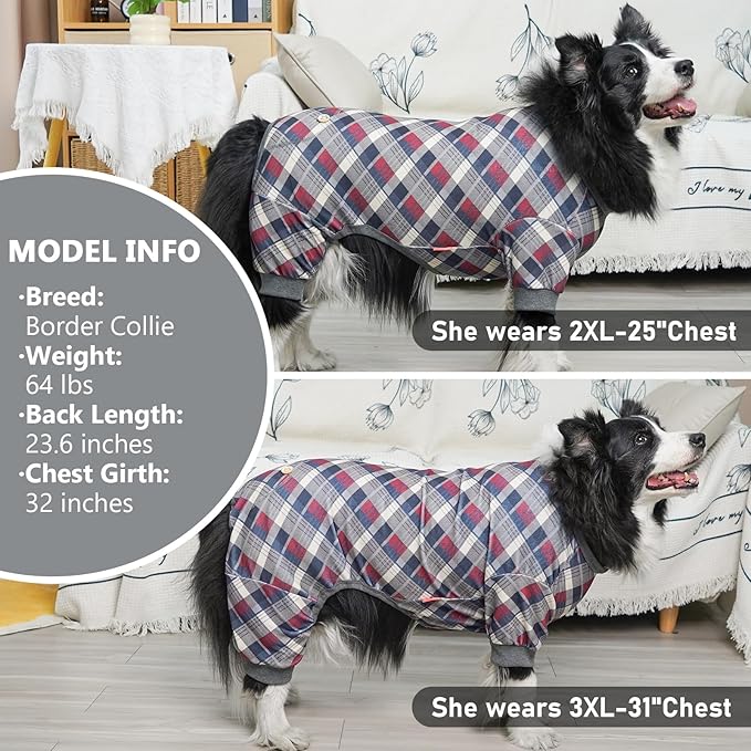 KYEESE Dog Pajamas Large Sized Dog Velvet Pjs Soft Pet Clothes Comfy Coat Stretchy Onesie Plaid Doggie Jammies, Grey, XXXL