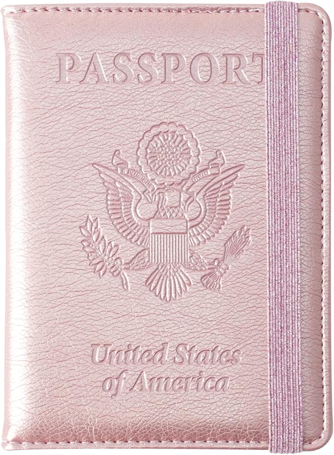 Eoehro Passport and Vaccine Card Holder, Passport Holder Vaccine Card Slot, Passport Wallet, Passport Cover, Passport Case, Passport Holder for Airplane Travel Essentials (E-Elastic band Rose gold)