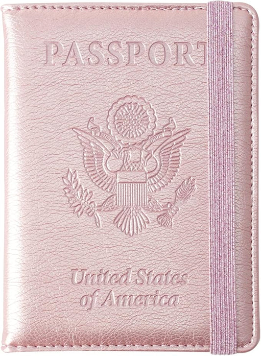 Eoehro Passport and Vaccine Card Holder, Passport Holder Vaccine Card Slot, Passport Wallet, Passport Cover, Passport Case, Passport Holder for Airplane Travel Essentials (E-Elastic band Rose gold)