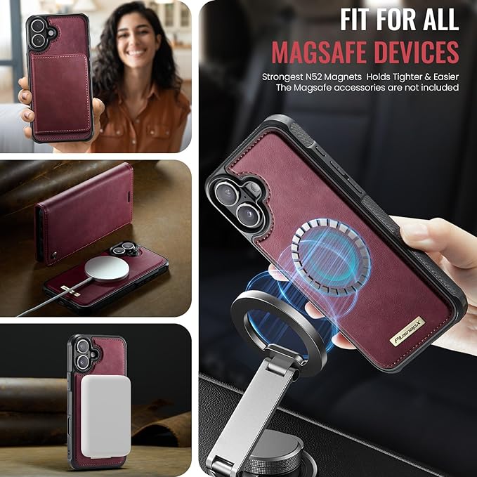 PlusnapX Wallet Case for iPhone 17 Compatible with Magsafe, 2-in-1 PU Leather Flip RFID Blocking Card Holder Stand Shockproof Magnetic Detachable Case for iPhone 17 Case 6.3", Burgundy