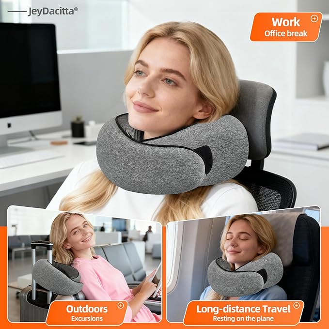 Premium Travel Pillow, Upgraded Memory Foam Neck Pillow, 360° Ergonomic Design Airplane Pillow Travel Pillows for Airplanes, Cars, Offices, Home Use, Ideal for Adults and Kids (Dark Gray)