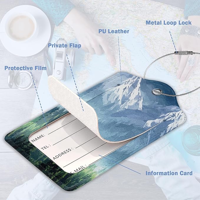 Luggage Tags for Suitcase,2 Pack Misty Forest Mountains Luggage Tag with Privacy Flap,Name ID Label and Metal Loop for Women Men Teens Travel