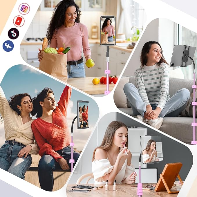 Aureday Adjustable Tripod Stand, 67” Height, Tablet Holder for iPad mini/Air/Pro, Kindle, Switch, Smartphones, 4.7”-12.9” Devices, Pink