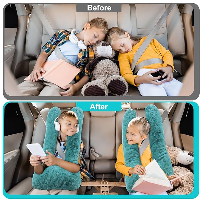 2 Pcs Travel Pillow Car Sleeping Kid Neck U Shaped for The Back Seat Adults Children Head and Body Support Long Distance Journey Accessories (Turquoise)
