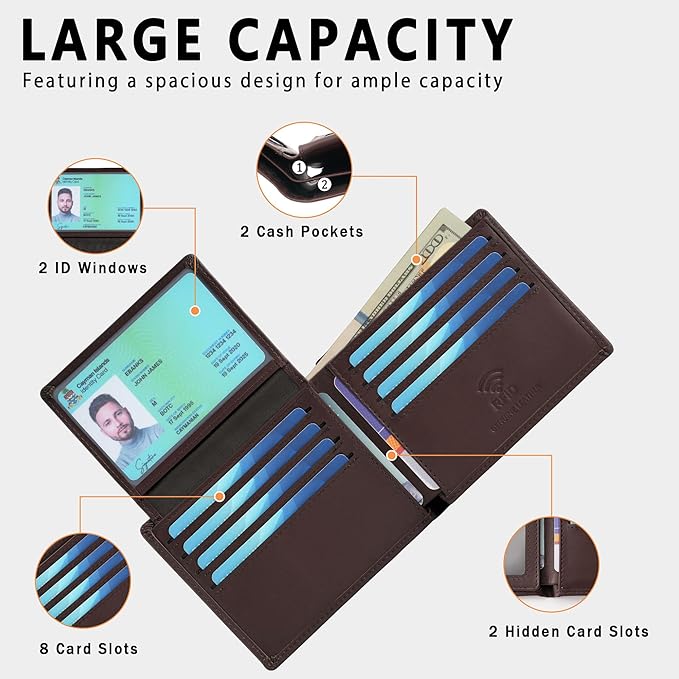 Travelambo Genuine Leather Wallet for Men with Gift Box - Handmade Bifold Stylish - Mens Wallets Rfid Blocking with 2 ID Windows