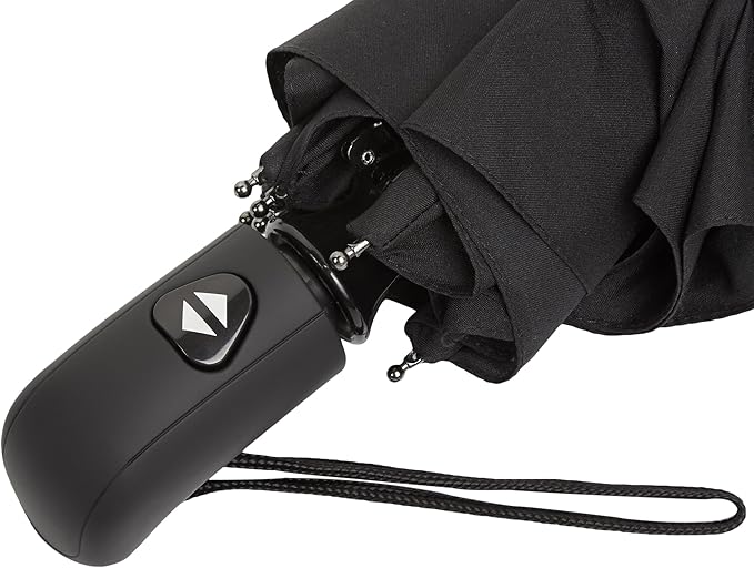 Amazon Basics Round Travel Umbrella for Rain, Wind-proof Compact Umbrella with Wind Vent, Auto Open/Close, Strong Alloy Steel Frame, Compact Size for Backpacks/Handbags (11" Long When Closed), One Size, Black