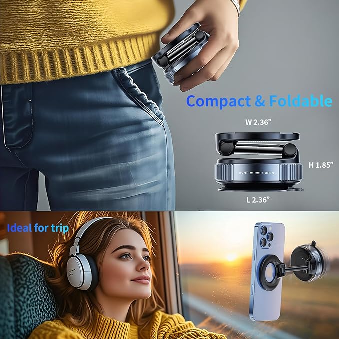 Magnetic Car Phone Holder for Magsafe [96+LBS Suction & 2800gf Magnetic],360°Adjustable Vacuum Suction Cup Car Phone Mount,Car Mount for iPhone 17 Pro Max 16 15 14 13 12 and All Smartphones