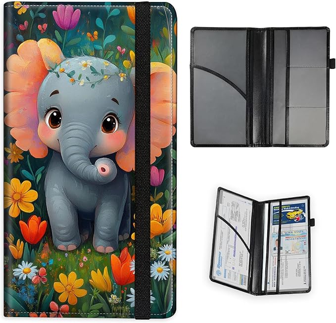 Car Registration and Insurance Holder PU Leather Vehicle Insurance and Registration Holders Wallet Case with Elastic Band Closure for ID Card, Driving Licence, Cute Cartoon Elephant Flower