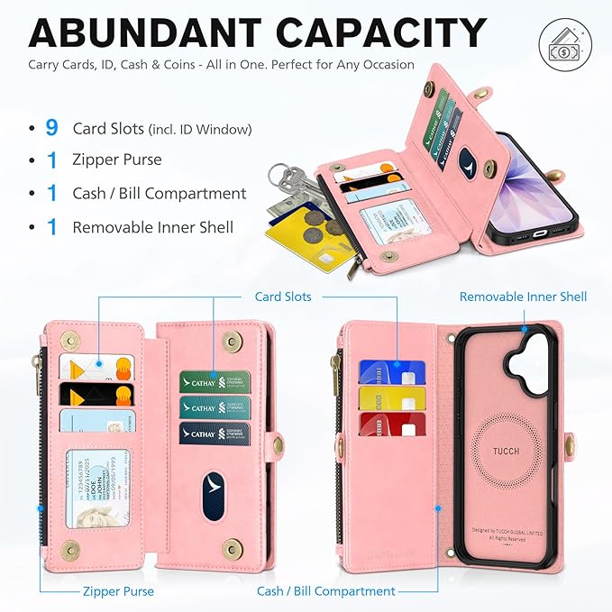 TUCCH Detachable Crossbody Wallet Case for iPhone 17 6.3", 9 Card Slots RFID Blocking | Stand | Lanyard | Wrist Strap | Wireless Charging | Zipper Pocket | PU Leather | Magnetic Flip Cover | Rose Gold