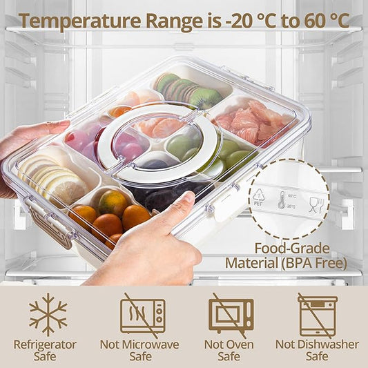 2 Pack Snackle Box Container with 8 Compartments, Clear Divided Serving Tray with Lid and Handle, Snack Bentobox for Charcuterie, Candy, Fruits, Nuts, Picnic, Travel, Beige