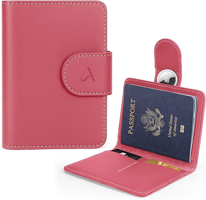 ALLIVE Rfid Passport Holder for Travel, Women, Rfid Passport Cover Wallet, Genuine Leather Passport Holder for Travel with AirTag Hidden, Airport Essentials, Travel Gifts (Rose Pink)