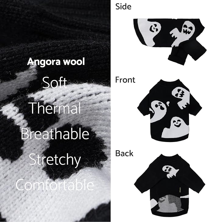 Fitwarm Halloween Ghost Dog Sweater, Funny Costumes for Dogs, Pet Apparel, Black, White, Large