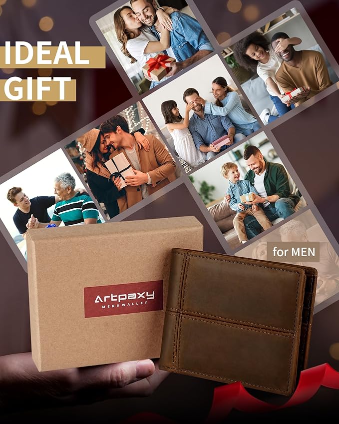 Artpaxy Mens Wallet Bifold Genuine Leather RFID Blocking Wallet for Men with 1 ID Window 13 Card Holders 2 cash pockets 1 Gift Box