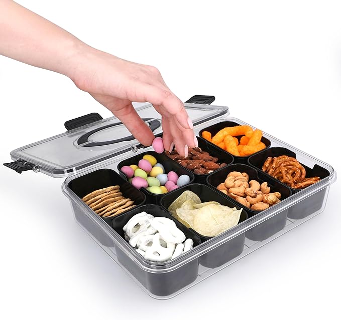 Snackle Box Container with Lid- Travel Charcuterie Box with Handle - Organizer for Candy, Fruit, Nuts, Veggies, Snacks, Beach Essentials, Portable Lunch Box (Black, Large)