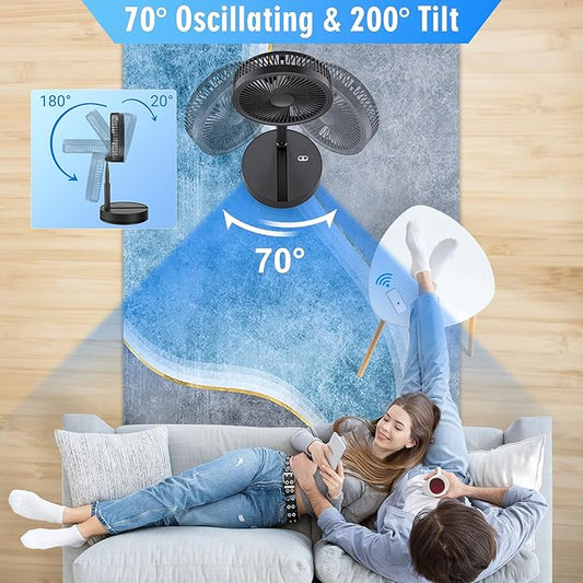 LIPETY Portable Foldable Rechargeable Oscillating Fan - 9" 7200mah Battery Operated USB C Small Fan Remote, Quiet Table Desk Fan Folding Standing Pedestal Fans for Bedroom Rome Office Camping Travel