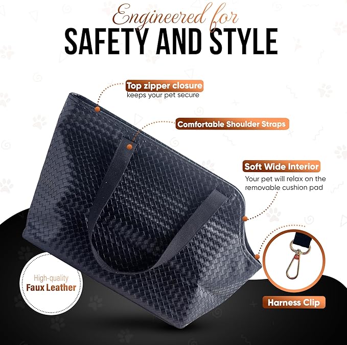 Faux Leather Dog Carrier for Small Dogs, Water-Resistant Designer Dog Purse with Safety Harness, Fashion Pet Carrier for Dogs 5-15 lbs, Luxury Dog Shoulder Carrier, Woven Black