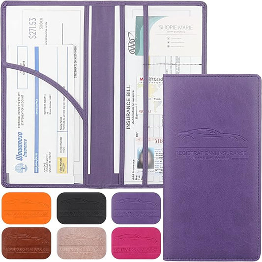 Premium Car Registration & Insurance Card Holder with Magnetic Shut, Vehicle Glove Box Car Organizer - For Documents, Cards, License (Purple)