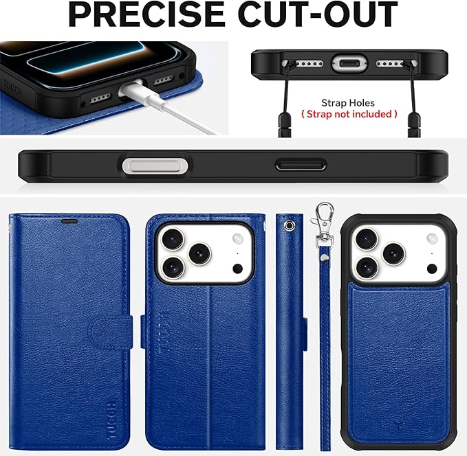 TUCCH 2-in-1 Detachable Wallet Case for iPhone 17 Pro (6.3-inch) 2025, RFID Blocking 4 Card Slot | Wireless Charging | Wrist Strap | Kickstand | Magnetic | PU Leather | Protective Cover | Klein Blue