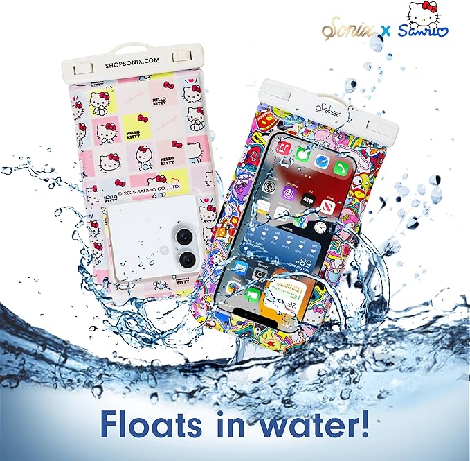 Sonix x Sanrio Waterproof Phone Pouch - Floating Phone Case Dry Bag w/Crossbody Lanyard - Beach Cruise Travel Essentials - Compatible w/All Devices, Touchscreen Friendly | Hello Kitty Grid