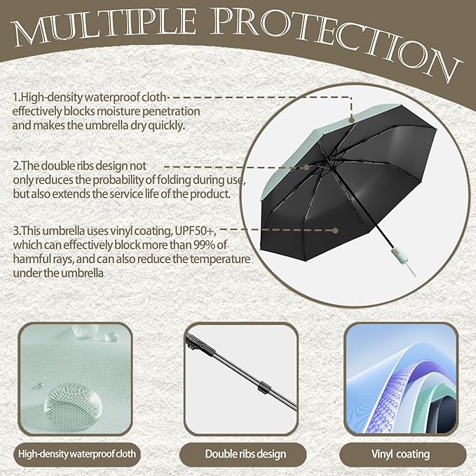 French Style Travel Compact Folding Umbrella with 7CM(2.76in) Hook and Loop Strips/8Ribs/Lightweight Portable/Auto Open Close/UV Protection/UPF 50/Parasol/Waterproof/Rain Sun/Backpack/Car/Women Kid