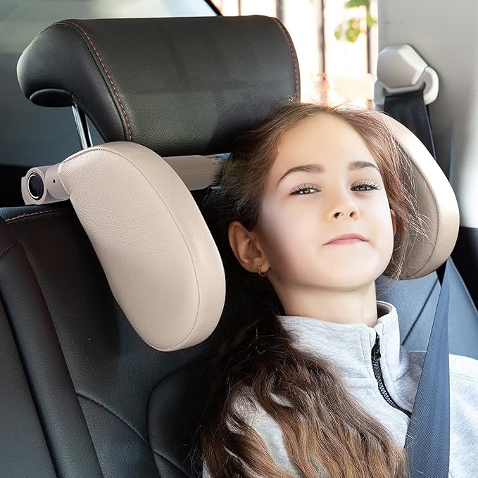 JZCreater Car Seat Headrest Pillow, Head Neck Support Sleeping Travel Seat Pillow with Cushion Foam,Premium Seat Head Pillow,360 Degree Adjustable Long Trip Rest Headrest Pillow for Kids Adult, Beige