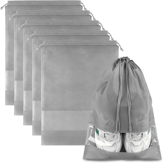 Shoe Bags for Travel, 5 Pcs Large Gray Travel Shoe Bags for Packing, Non-Woven Drawstring Travel Shoe Storage Bag with Clear Window for Men and Women（12.6" X 17.3" ）