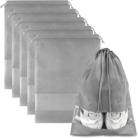 Shoe Bags for Travel, 5 Pcs Large Gray Travel Shoe Bags for Packing, Non-Woven Drawstring Travel Shoe Storage Bag with Clear Window for Men and Women（12.6" X 17.3" ）