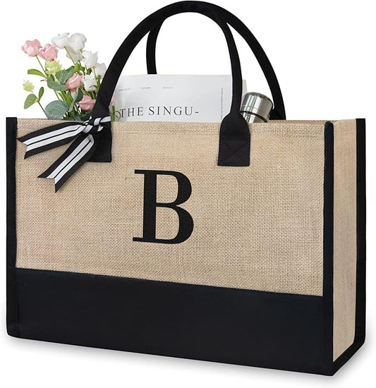 TOPDesign Personalized Initial Canvas Beach Bag, Monogrammed Gift Tote Bag for Women