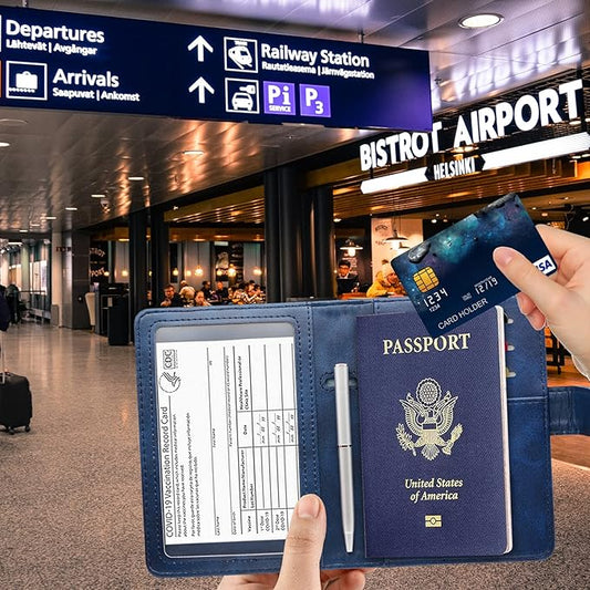 RSAquar Passport Holder for Women and Men, Premium PU Leather Travel Passport Wallet RFID Blocking Passport Cover Travel Documents Organizer with Pen Holder, Blue#2