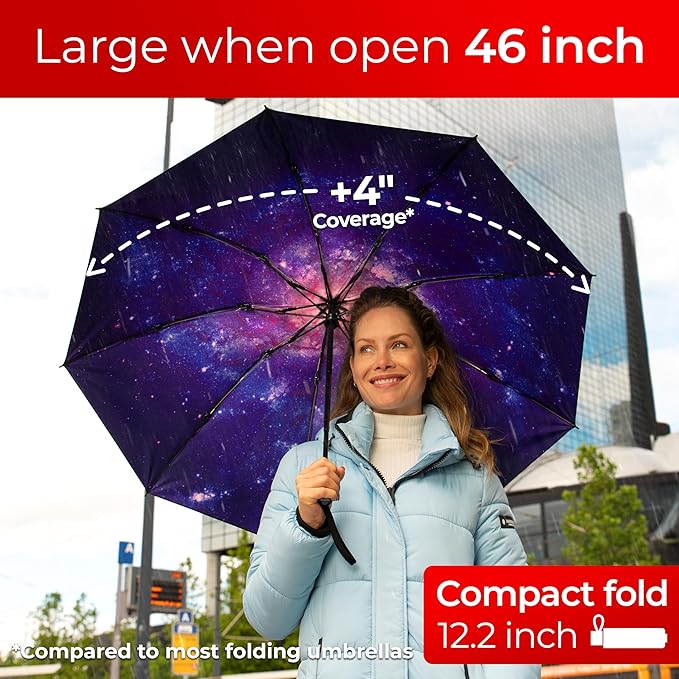 TUMELLA Flip-proof Inverted Travel Umbrella, Small Strong but Light Portable and Automatic Reverse Folding Rain Umbrella, Durable Premium Grip, Fits Car & Backpack