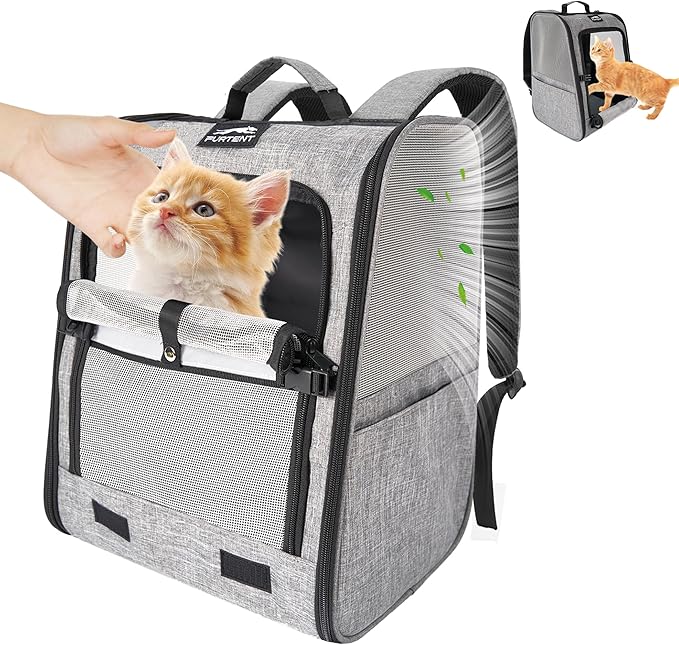 Pet Backpack Carrier for Small Dogs and Cats, Comfortable Portable Cat Bag for Travel Use with Ventilated Mesh, Safety Strap, and Easy-Clean Waterproof Fabric, Grey