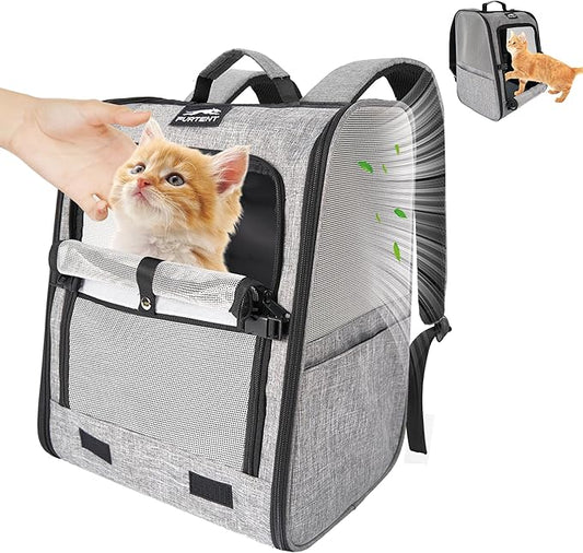 Pet Backpack Carrier for Small Dogs and Cats, Comfortable Portable Cat Bag for Travel Use with Ventilated Mesh, Safety Strap, and Easy-Clean Waterproof Fabric, Grey
