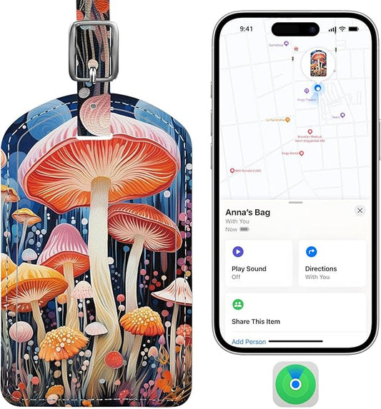 Luggage Tags Built-in Anti-Loss Tracker, Luxury Leather Luggage Tags for Suitcase, Travel Bags, Backpacks, Travel Organizer for Lost Baggage Prevention (Mushroom)