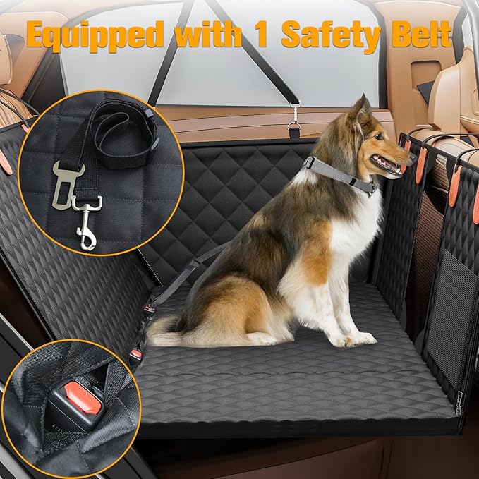 PETICON Back Seat Extender for Dogs, Hard Bottom Dog Car Seat Cover - Supports 400lbs, Rear Seat Pet Cover with Mesh Window, Waterproof Dog Hammock for Car SUV and Trucks