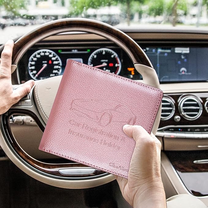 Car Insurance and Registration Holder, 5.5 x 5 Inch PU Leather Vehicle Glove Box Organizer Wallet Case for Insurance Card, Driver License, Paperwork - Rose Gold