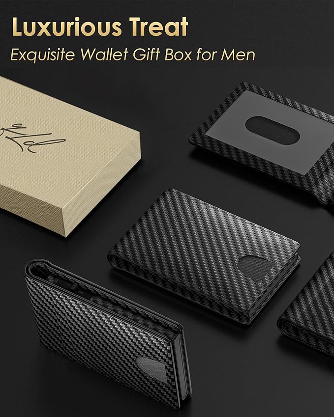 2025 Upgraded Minimalist Wallet for Men - RFID Blocking Credit Card Holder Case Leather Pop Up Aluminum Wallet with Cash Slot, Front Pocket ID Window Gift Boxed (Carbon Fiber - with Airtag Holder)