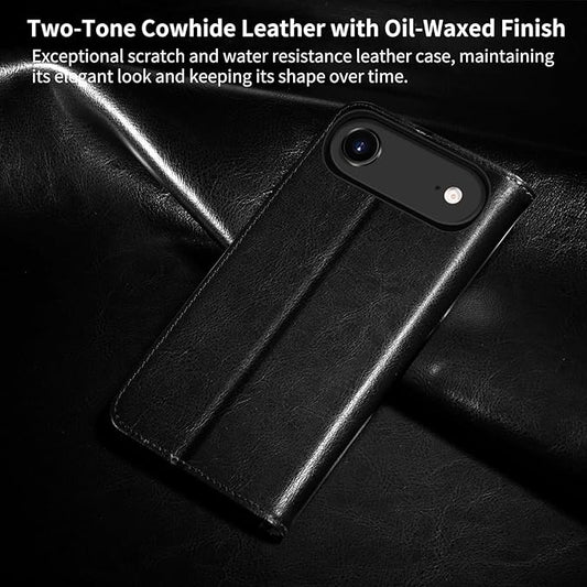 Belemay Genuine Leather Wallet Case for iPhone 17 Air, Premium Cowhide Leather Two-Tone Effect, RFID Blocking Card Holders, Shockproof TPU Shell, Kickstand, Flip Cover for iPhone Air 2025 6.5", Black