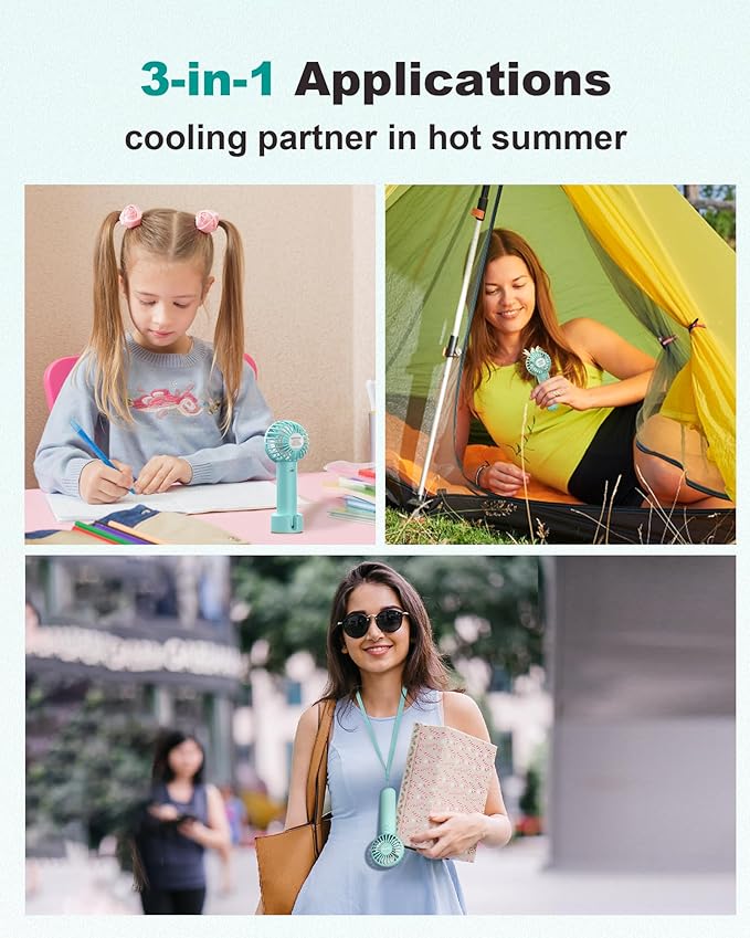 Coohea Mini Handheld Fan, Small Cute Design, 3 Powerful Speeds, USB Rechargeable Battery Operated, Portable Personal Fan with Base & Lanyard, for Eyelash Makeup Travel Beach Office Desk, Blue