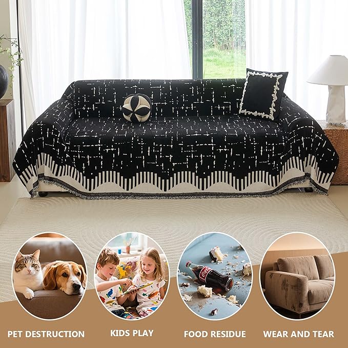 Boho Couch Cover for Dogs - Pet Proof Sofa Covers for 2 Cushion Couch, Non-Slip Chenille Sofa Slipcover, Pet Friendly Furniture Cover Fits Love Seat, 71"x118", Black