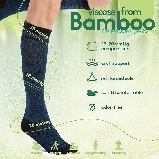 Iambamboo Compression Socks Women & Men, 15-20 mmHg Bamboo Viscose Knee High Soft Support for Flying Travel Daily