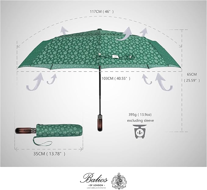 Balios Travel Folding Umbrella with Real Wood Handle Auto Open Close Vented Windproof Canopy - Designed in UK