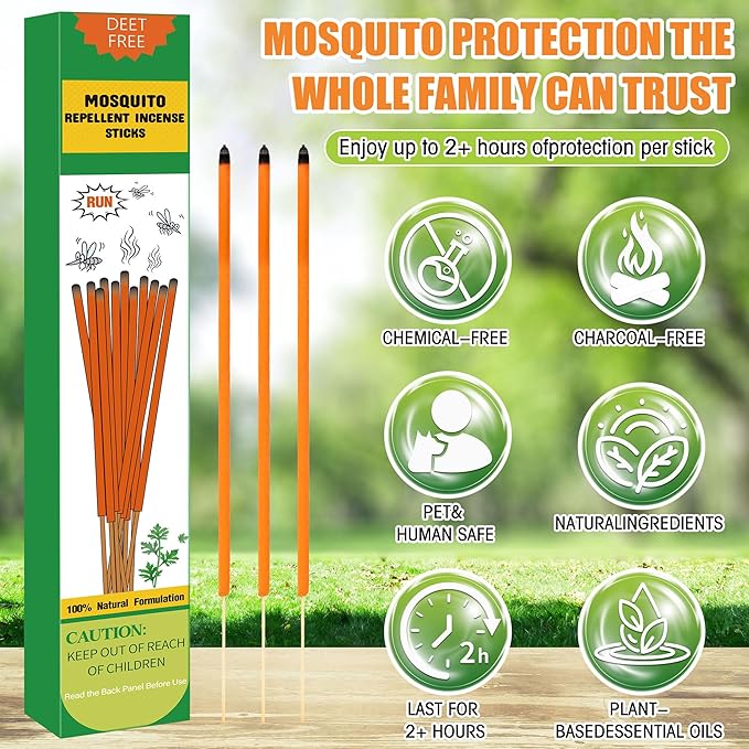 32 Pieces Mosquito Repellent Incense Sticks - DEET-Free Bug Repellent with Citronella & Lemongrass Oils - Natural Outdoor Insect Repellent for Patio, Camping, Travel - 2+ Hours Burn Time Each