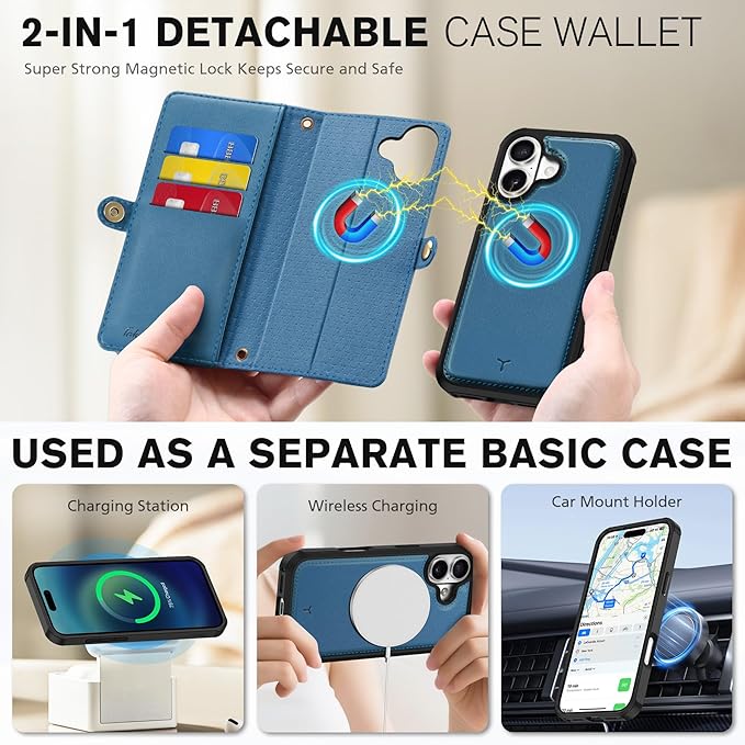 TUCCH Removable Crossbody Case Wallet for iPhone 17 (6.3-inch) 2025, Wireless Charging, RFID Blocking 9 Card Slots, Lanyard, Wrist Strap, Zipper Pocket, PU Leather, Stand Magnetic Cover, Light Blue
