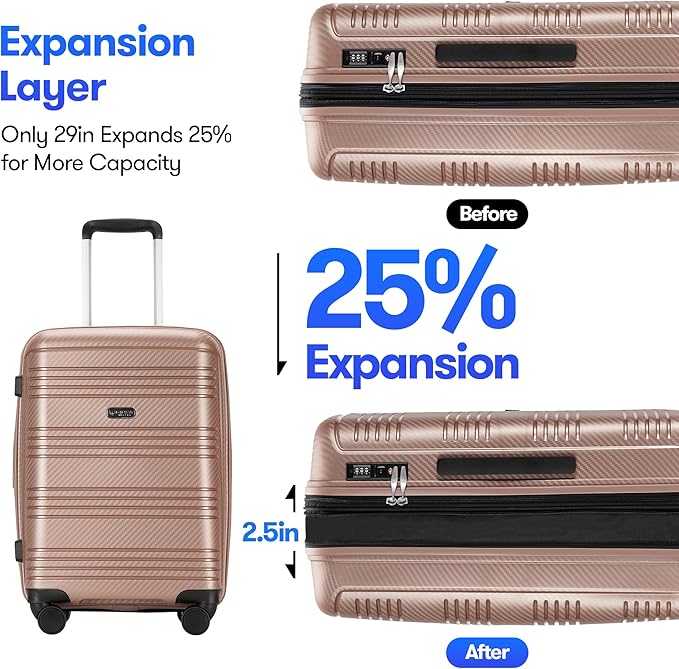 GinzaTravel 29 Inch Large Checked Luggage Expandable Hard Shell Suitcase with Spinner Wheels TSA Lock for Travel, 29inch, Rose Gold