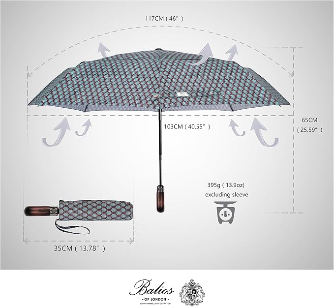 Balios Travel Folding Umbrella with Real Wood Handle Auto Open Close Vented Windproof Canopy - Designed in UK