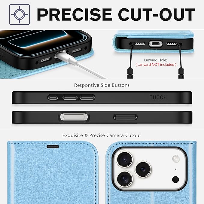 TUCCH Case Wallet for iPhone 17 Pro Max (6.9-Inch) 2025, RFID Blocking 4 Card Slots, Kickstand, Magnetic Closure, PU Leather, Shockproof TPU Shell, Protective Flip Cover, Pearly Light Blue