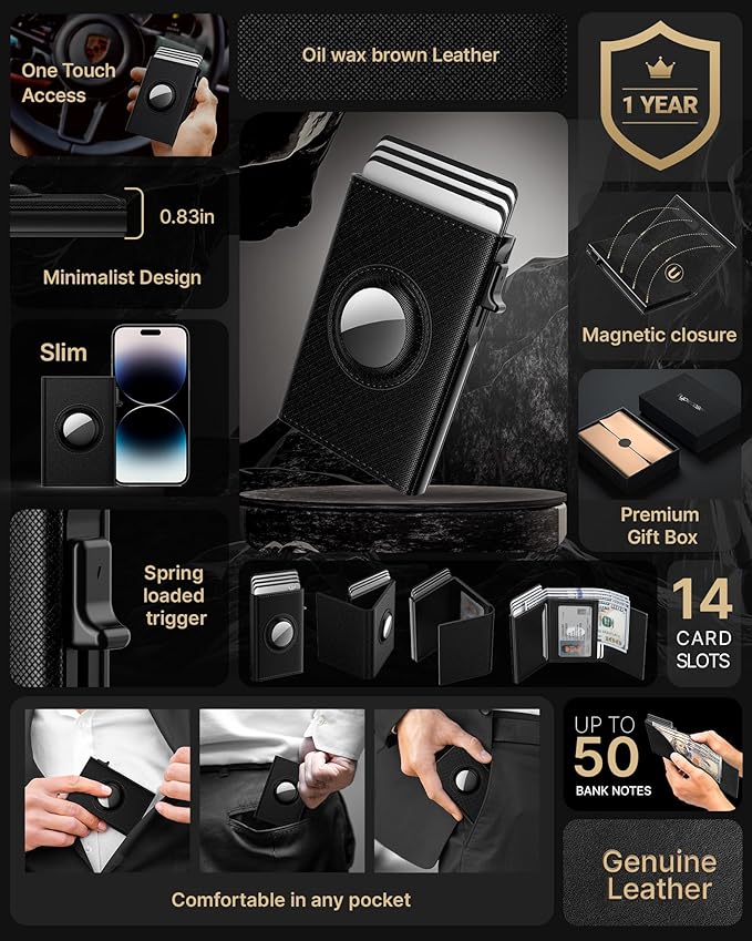 typecase Mens Wallet Card Holder for AirTag: Leather Smart Wallet for Men Compatible with Apple Air Tag, RFID Blocking, Slim, Minimalist - 9-14 Card Capacity | ID Window | Cash Slot (Dark Black)