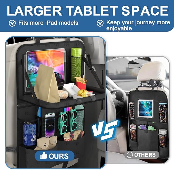 Car Backseat Organizer with Detachable Steering Wheel Tray, 11-Pockets Storage & Tablet Holder, Kids Kick Mats Protector - Travel Accessories (1-Pack)