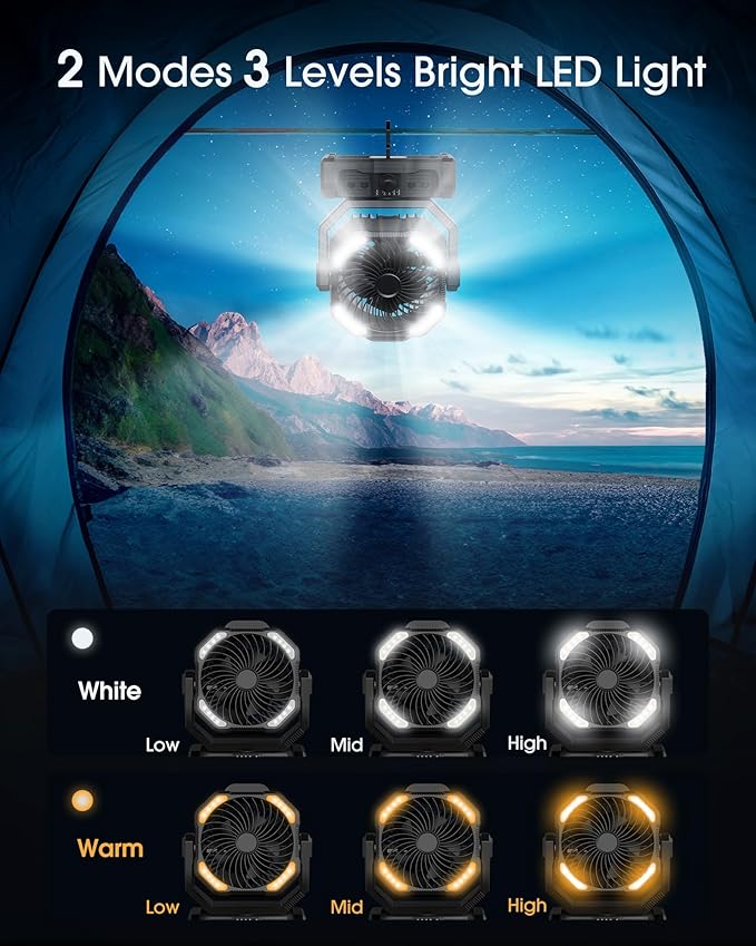 Portable Rechargeable Camping Fan - 20000mAh Cordless Battery Powered Tent Fans with LED Lantern, Remote Auto Oscillating USB C Operated Table Ventilador for Travel Picnic Barbecue Outdoor