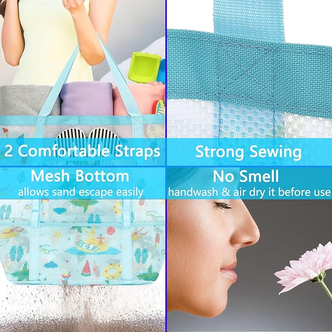 Mesh Beach Bag, Large Beach Tote with Zipper Pocket for Family Pool Bag for Toys & Vacation Essentials